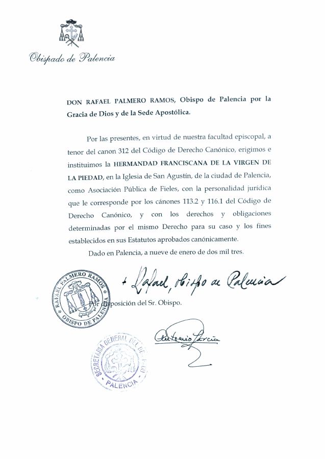 Portada de Decreto 1 Ereccion Canonica